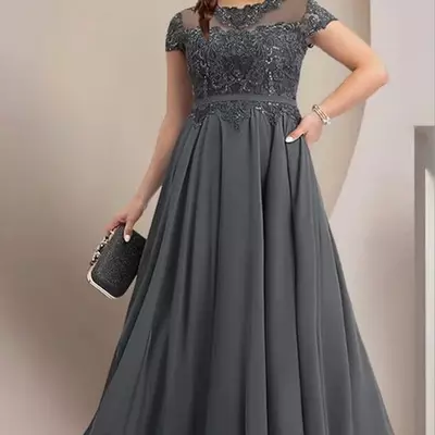 Dark grey vintage mother of the bride/ groom dresses sheer neck appliques cap sleeve a line plus size evening prom gowns custom made
