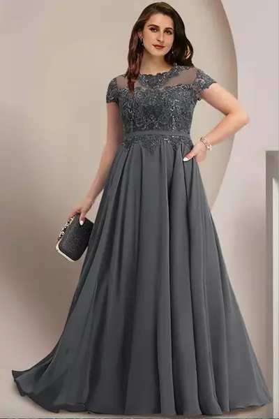 Dark Grey Vintage Mother of the Bride/ Groom Dresses Sheer Neck Appliques Cap Sleeve A Line Plus Size Evening Prom Gowns Custom Made