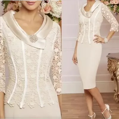 Champagne mother of the bride /groom dress plus size elegant vintage jewel knee length satin lace groom party gowns