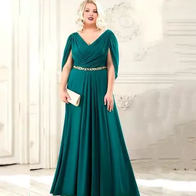  Green Mother Of The Bride/Groom Dresses V-Neck A-Line Floor Length Wedding Party Guest Gowns Short Sleeves Long Satin Groom Mom Prom Evening Wear