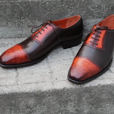 Crafted leather classic men fashion dark brown tan patina leather dress shoes outfit - Thumbnail 4