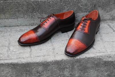 Crafted Leather Classic Men Fashion Dark Brown Tan Patina Leather Dress Shoes Outfit