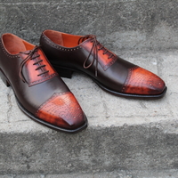 Crafted Leather Classic Men Fashion Dark Brown Tan Patina Leather Dress Shoes Outfit - Thumbnail 2