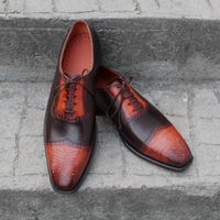 Crafted Leather Classic Men Fashion Dark Brown Tan Patina Leather Dress Shoes Outfit - Thumbnail 4