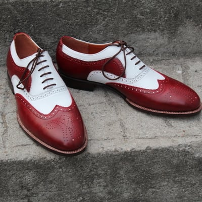 Crafted leather classic burgundy white leather mens oxford lace up dress shoes - Thumbnail 5