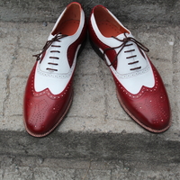 Crafted Leather Classic Burgundy White Leather Mens Oxford Lace up Dress Shoes - Thumbnail 2