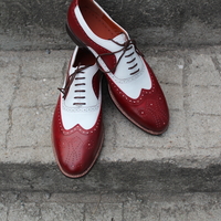 Crafted Leather Classic Burgundy White Leather Mens Oxford Lace up Dress Shoes - Thumbnail 3