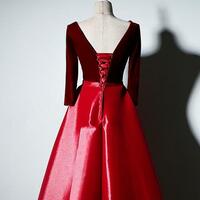 A Line Wine Red Velvet And Satin V Neck Floor Length Long Prom Dresses  - Thumbnail 2