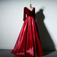 A Line Wine Red Velvet And Satin V Neck Floor Length Long Prom Dresses  - Thumbnail 1
