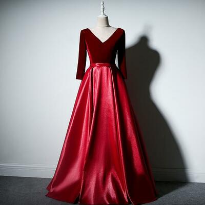 A line wine red velvet and satin v neck floor length long prom dresses 