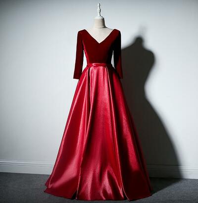 A Line Wine Red Velvet And Satin V Neck Floor Length Long Prom Dresses 