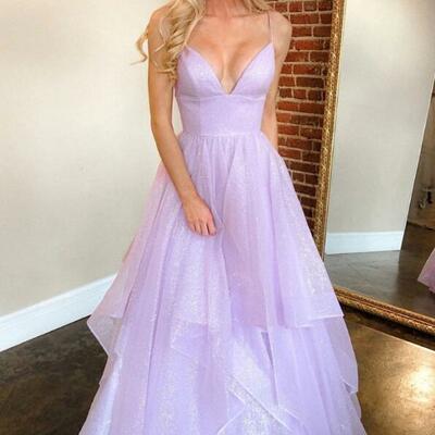 Sparkly a-line v neck lilac tulle prom dresses