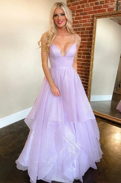 Sparkly A-Line V Neck Lilac Tulle Prom Dresses