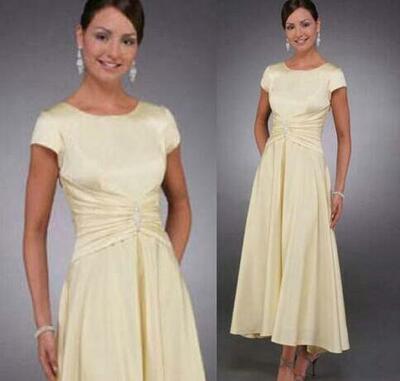 A Line Tea Length Mother of the Bride Dresses With Cap Sleeves 