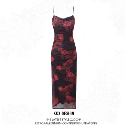 Mesh printed suspender dress retro v-neck slim sexy back slit hip-wrapped knee-length dress - Thumbnail 5