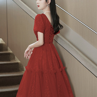 Dark Red Tulle Knee Length Party Dress, Lovely A-Line Evening Dress - Thumbnail 1