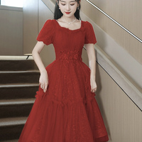 Dark Red Tulle Knee Length Party Dress, Lovely A-Line Evening Dress - Thumbnail 2