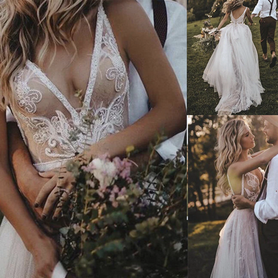 V neck boho wedding dresses bridal gown backless - Thumbnail 1