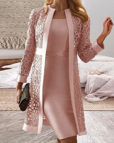 Pink Mother of Bride/ Groom Dress Tea-length with Jacket Evening Formal Gowns