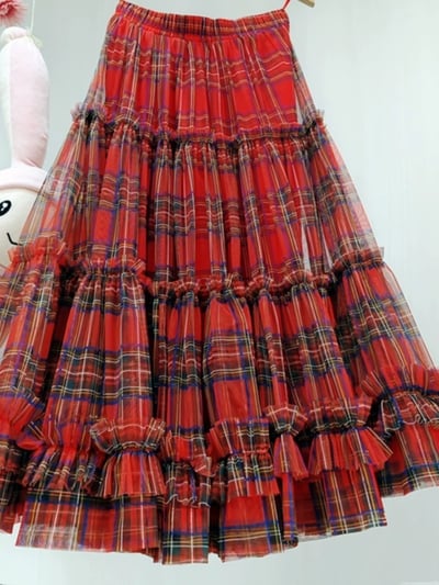 Red Plaid Tulle Skirt Women High Waisted Tulle Plaid Skirt Plus Size Layered Tulle Skirt Holiday Outfit