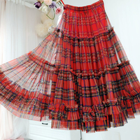 Red Plaid Tulle Skirt Women High Waisted Tulle Plaid Skirt Plus Size Layered Tulle Skirt Holiday Outfit - Thumbnail 1