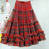 Red Plaid Tulle Skirt Women High Waisted Tulle Plaid Skirt Plus Size Layered Tulle Skirt Holiday Outfit - Thumbnail 2