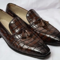  Crafted Leather Classic Dark Brown Crocodile/Alligator Tassel Loafers Dress Shoes - Thumbnail 1