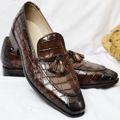  crafted leather classic dark brown crocodile/alligator tassel loafers dress shoes - Thumbnail 2