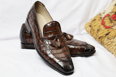  Crafted Leather Classic Dark Brown Crocodile/Alligator Tassel Loafers Dress Shoes
