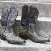  Crafted Leather Classic Men Fashion Green Crocodile/Alligator Patina Cowboy Ankle Long Boot - Thumbnail 1