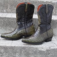  Crafted Leather Classic Men Fashion Green Crocodile/Alligator Patina Cowboy Ankle Long Boot - Thumbnail 3