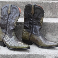  Crafted Leather Classic Men Fashion Green Crocodile/Alligator Patina Cowboy Ankle Long Boot - Thumbnail 4