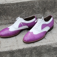 Crafted Leather Stunning Men Handmade Purple White Leather Lace up Wingtip Dress Shoes - Thumbnail 2