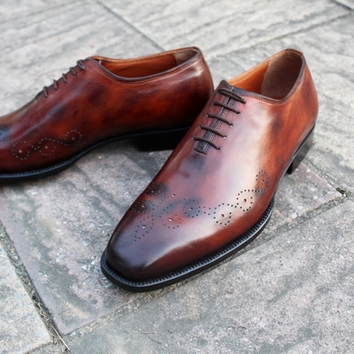 Crafted leather classic bespoke model brown patina leather dress shoes - Thumbnail 5