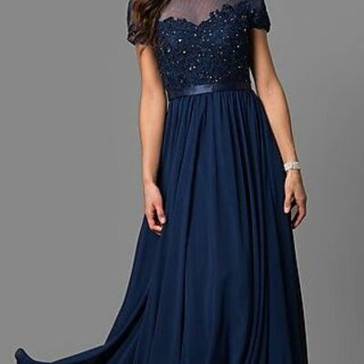 Navy blue mother of bride/ groom dress cap sleeve lace evening formal gowns prom dress