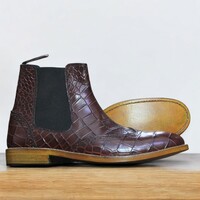 Ankle High Brown Chelsea Alligator Print Leather Boot For Men's - Thumbnail 1