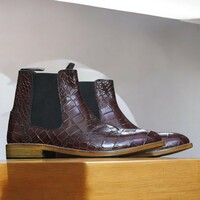 Ankle High Brown Chelsea Alligator Print Leather Boot For Men's - Thumbnail 3