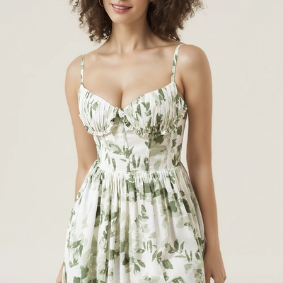 Printed long green a-line spaghetti strap slit bridesmaid dress