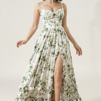 Printed Long Green A-Line Spaghetti Strap Slit Bridesmaid Dress - Thumbnail 5