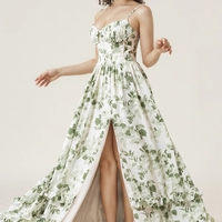 Printed Long Green A-Line Spaghetti Strap Slit Bridesmaid Dress - Thumbnail 6