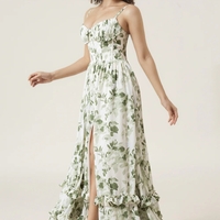 Printed Long Green A-Line Spaghetti Strap Slit Bridesmaid Dress - Thumbnail 7