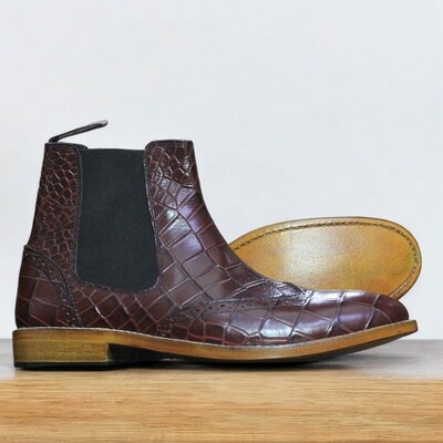 Handmade ankle high brown chelsea alligator print leather boot for men's - Thumbnail 1