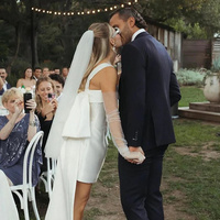 Sexy square neck white satin short wedding dress with bow back dresses - Thumbnail 6