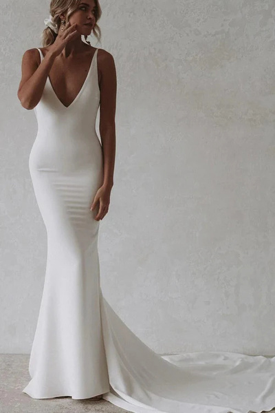 Elegant Mermaid V Neck Stretch Satin Sexy Backless Wedding Dress