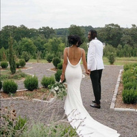 Elegant Mermaid V Neck Stretch Satin Sexy Backless Wedding Dress - Thumbnail 4