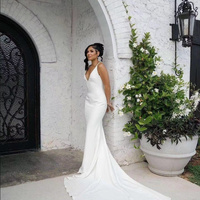 Elegant Mermaid V Neck Stretch Satin Sexy Backless Wedding Dress - Thumbnail 5