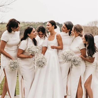 Fashionable white a-line square neck white satin wedding dress, backless wedding dress