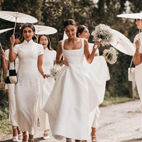 Fashionable white A-line square neck white satin wedding dress, backless wedding dress - Thumbnail 1