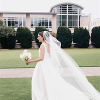 Fashionable white A-line square neck white satin wedding dress, backless wedding dress - Thumbnail 2