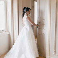 Fashionable white A-line square neck white satin wedding dress, backless wedding dress - Thumbnail 6